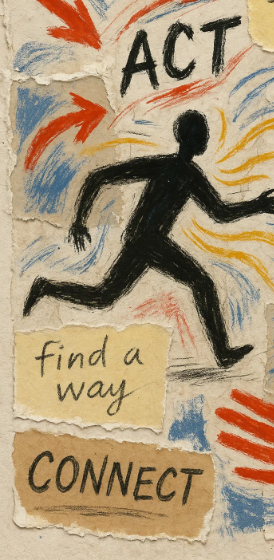 Een muur met tekeningen van een poppetje dat rent en de tekst 'find a way'